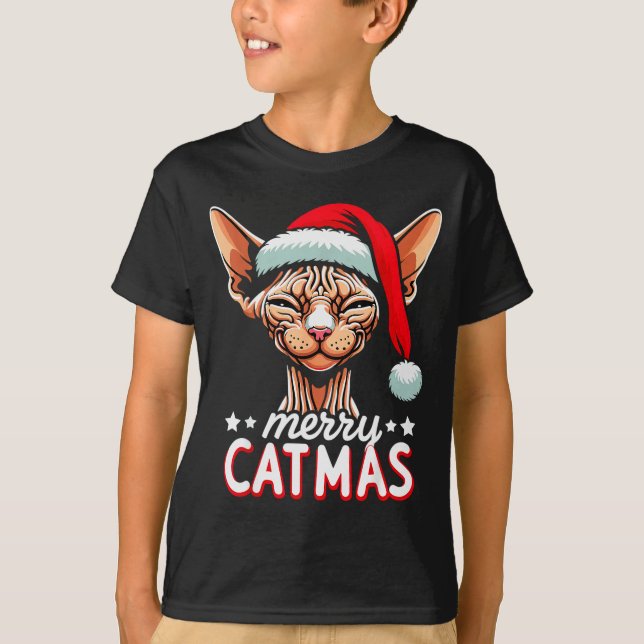 Christmas Sphynx Cat Merry Catmas Santa Hat Xmas  T-Shirt (Front)
