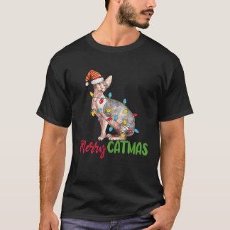 Christmas Sphynx Cat Paw Cute Xmas Tree Lights Paj T-Shirt