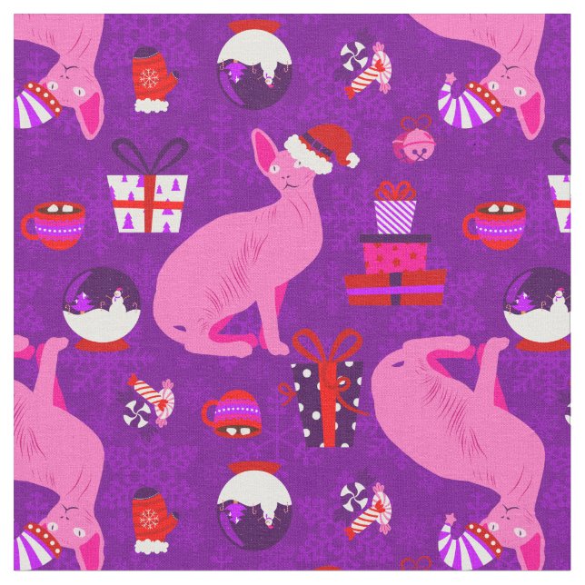 christmas sphynx cat santa sphinx pink fabric (Close Up)