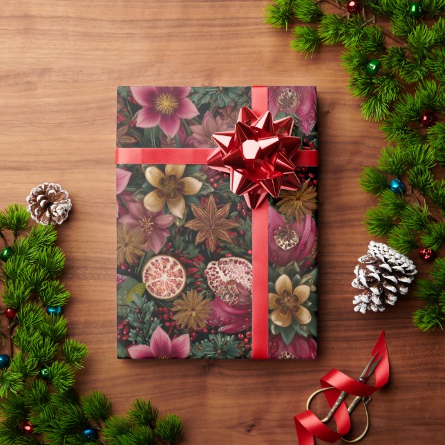 Christmas Spice & Floral Botanical Pattern Wrapping Paper (Holiday Gift)