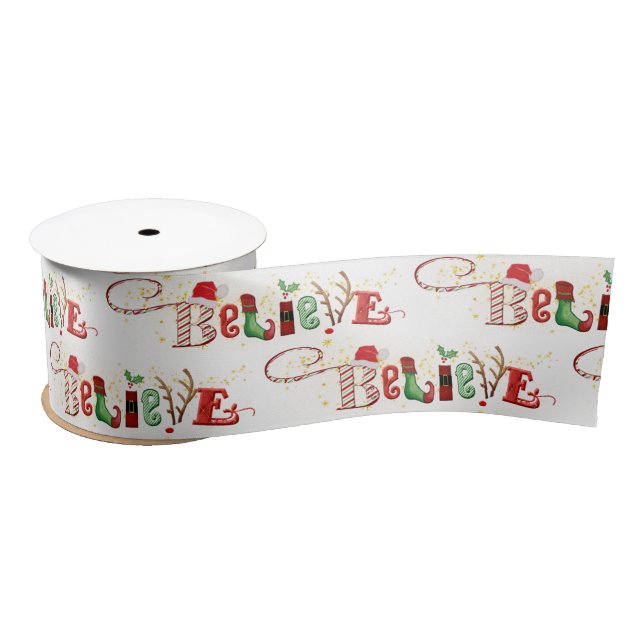 Christmas Spirit BELIEVE Festive Traditional Satin Ribbon (Spool)