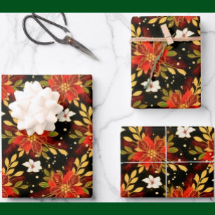 Christmas Spirit Floral Red Green Gold Wrapping Paper Sheet