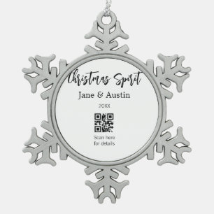 Christmas Spirit wedding couple name QR scan date Snowflake Pewter Christmas Ornament