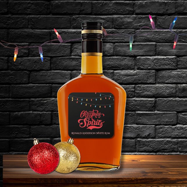 Christmas Spirits Custom Name Holiday Lights Black Square Sticker (Creator Uploaded)
