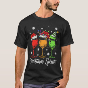Christmas Spirits Glasses Of Wine Xmas Lights Sant T-Shirt