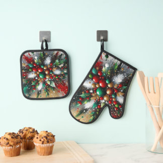 Christmas Splatter / White Bursts  Oven Mitt & Pot Holder Set