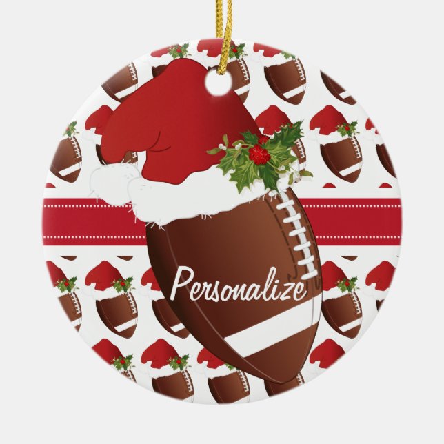 Christmas Sport Football Santa Hat Ceramic Ornament (Front)
