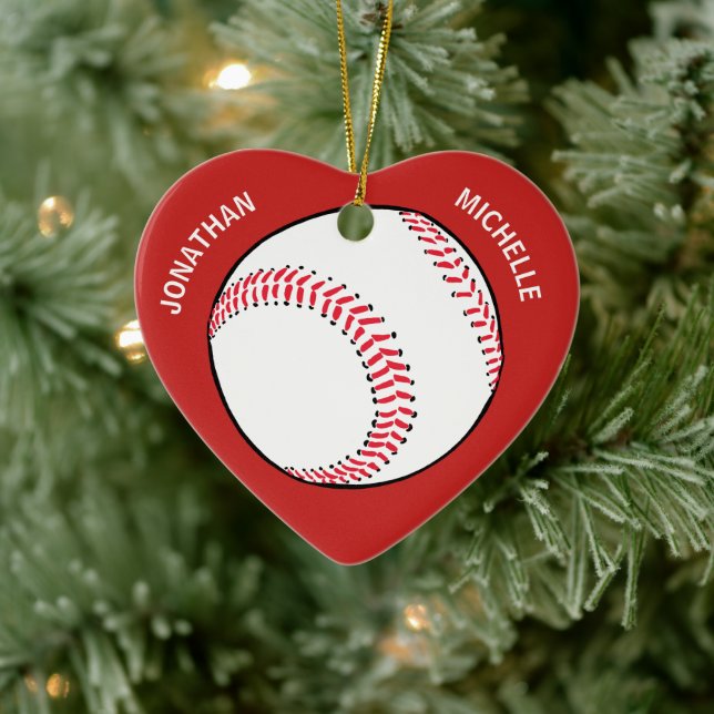 Christmas Sports Baseball Couple Monogram Names Ceramic Ornament (Tree)
