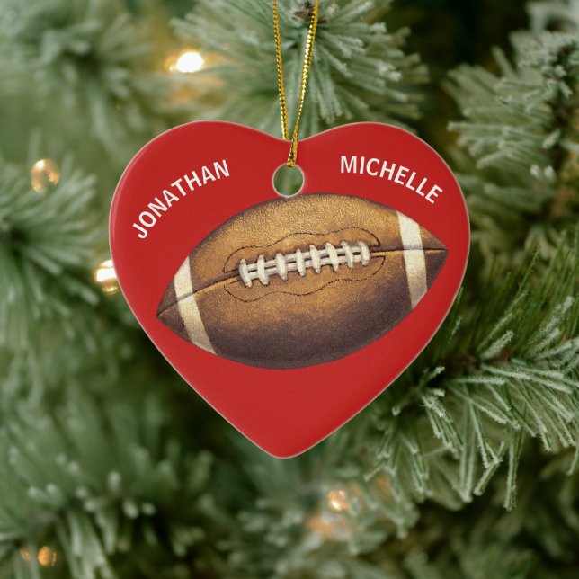 Christmas Sports Football Couples Name Holiday Ceramic Ornament (Tree)