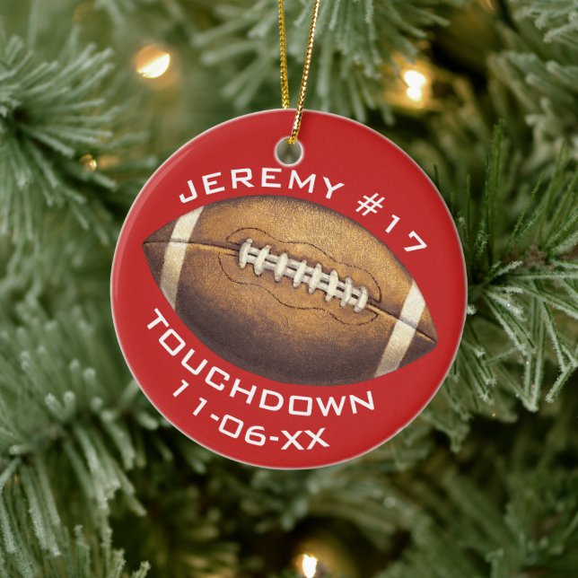Christmas Sports Football Red Touchdown Add Name Ceramic Ornament (Tree)