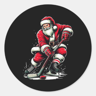 Christmas Sports Santa Plays Ice Hockey Classic Round Sticker