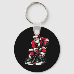 Christmas Sports Santa Plays Ice Hockey Key Ring