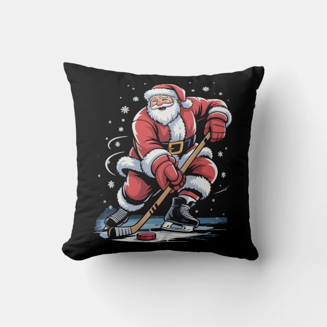 Christmas Sports Santa Plays Ice Hockey Xmas  Cushion (Front)