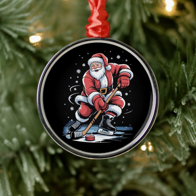 Christmas Sports Santa Plays Ice Hockey Xmas  Metal Ornament (Tree)