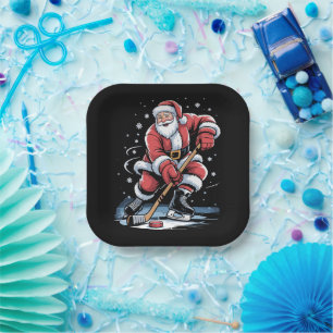 Christmas Sports Santa Plays Ice Hockey Xmas Paper Plate