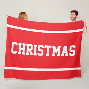 CHRISTMAS Sporty White Text Stripes On Bright Red Fleece Blanket