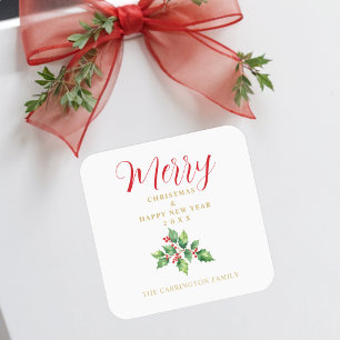 Christmas Sprig Holly Green Leaves & Red Berries Square Sticker