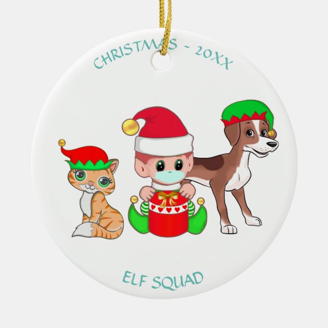 Christmas squad, baby elf, cat & dog ceramic ornament (Front)