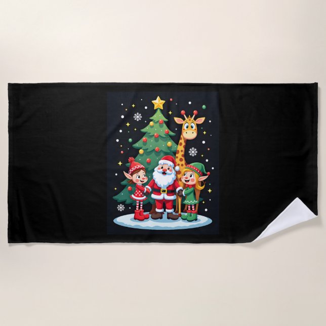 Christmas Squad Santa Giraffe Elf Dabbing Matching Beach Towel (Front)