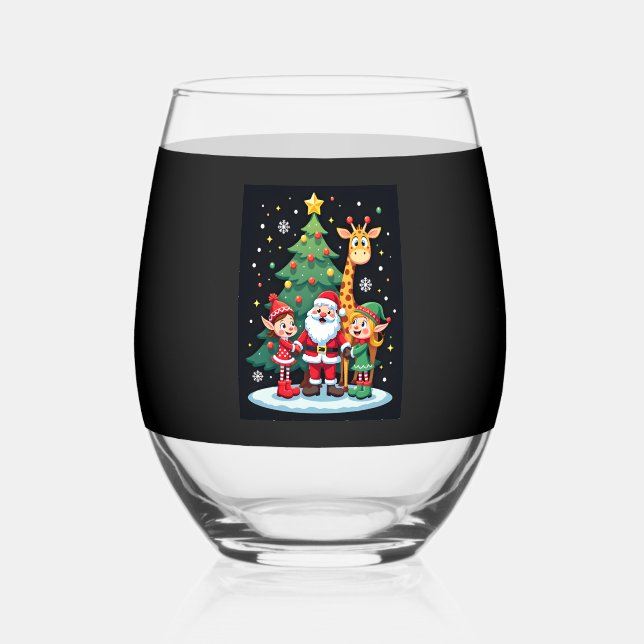 Christmas Squad Santa Giraffe Elf Dabbing Matching Stemless Wine Glass (Front)