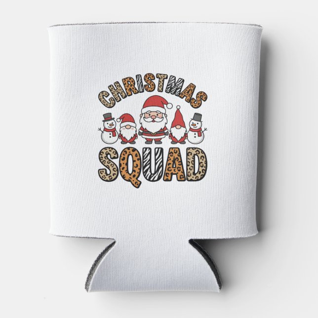 Christmas Squad Santa Snowman Leopard Print Design Can Cooler (Front)