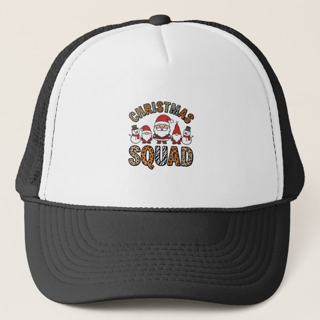 Christmas Squad Santa Snowman Leopard Print Design Trucker Hat (Front)