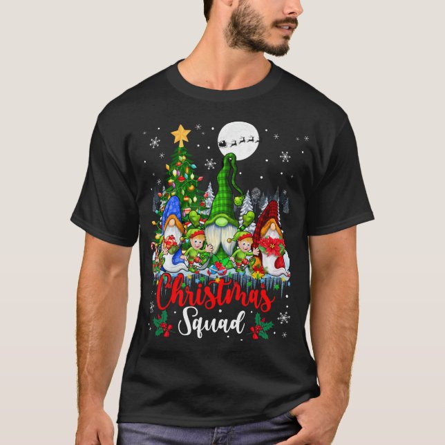 Christmas Squad Three Santa Elf Gnomes Xmas Tree L T-Shirt (Front)