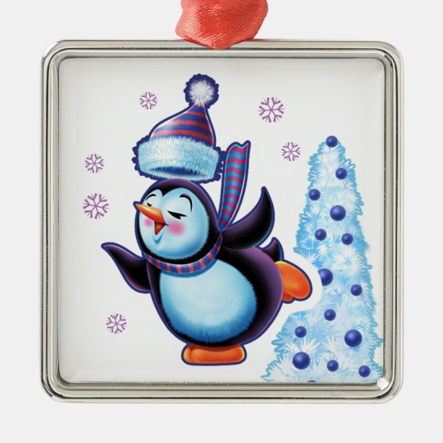 Christmas square ornament skating penguin (Front)