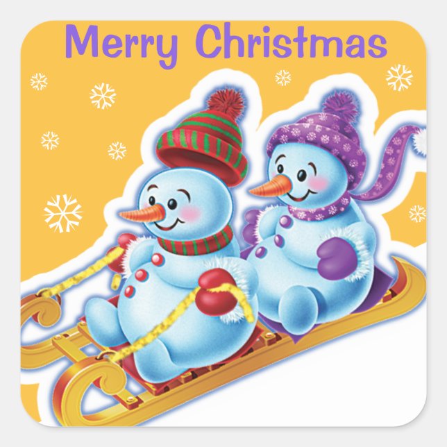 Christmas square sticker Snowmen Snow sports. (Front)