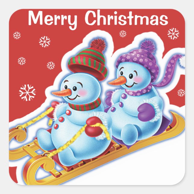 Christmas square sticker Snowmen Snow sports. (Front)