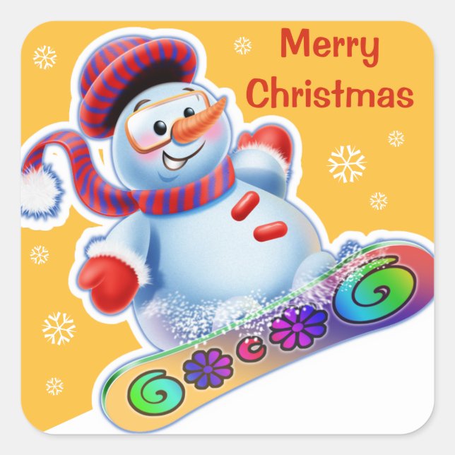 Christmas square sticker Snowmen Snow sports. (Front)