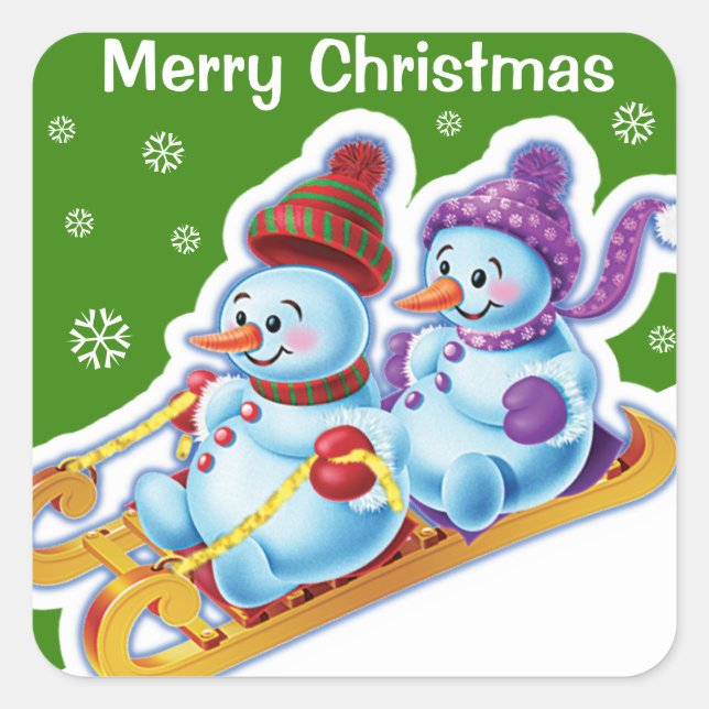 Christmas square sticker Snowmen Snow sports. (Front)
