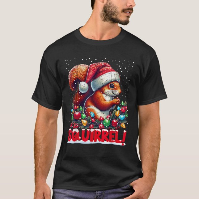Christmas SQUIRREL Candy Cane Santa Hat Family Xma T-Shirt (Front)