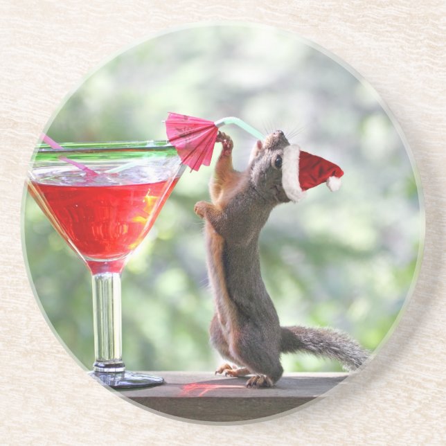 Christmas Squirrel Drinking a Cocktail Coaster (Front)