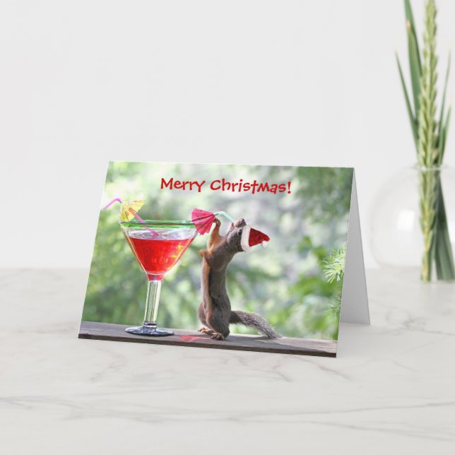 Christmas Squirrel Drinking a Cocktail Holiday Card (Front)