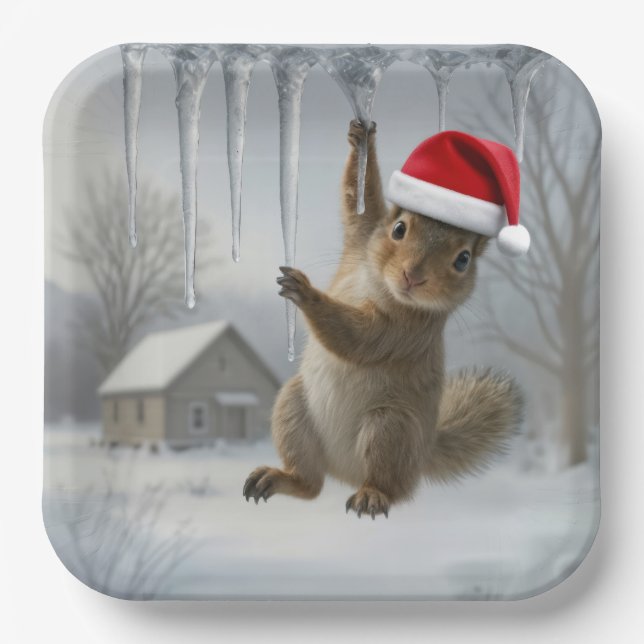 Christmas Squirrel Hanging From an Icicle Paper Plate (Front)