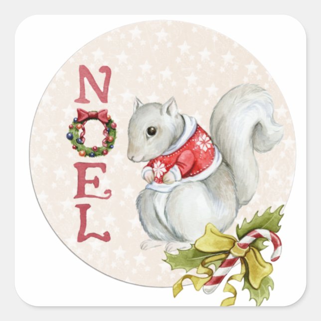 Christmas Squirrel Illustration Square Sticker (Front)