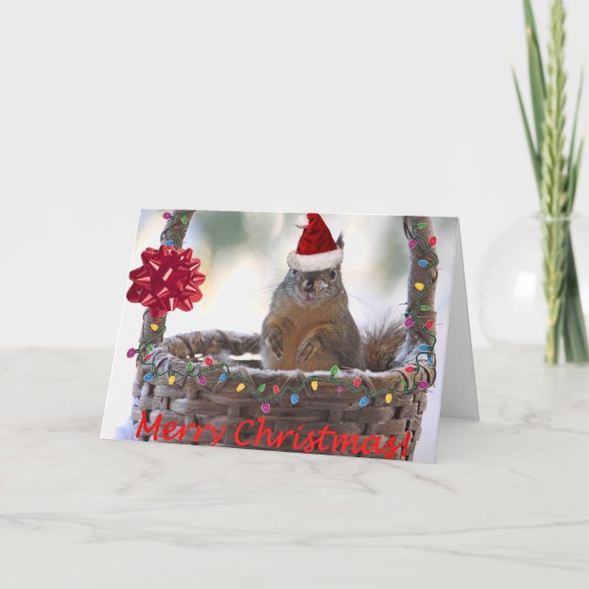 Christmas Squirrel in Basket with Snow Holiday Card (Front)