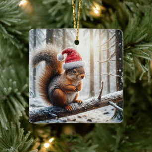 Christmas Squirrel On Snowy Tree Branch Ceramic Ornament