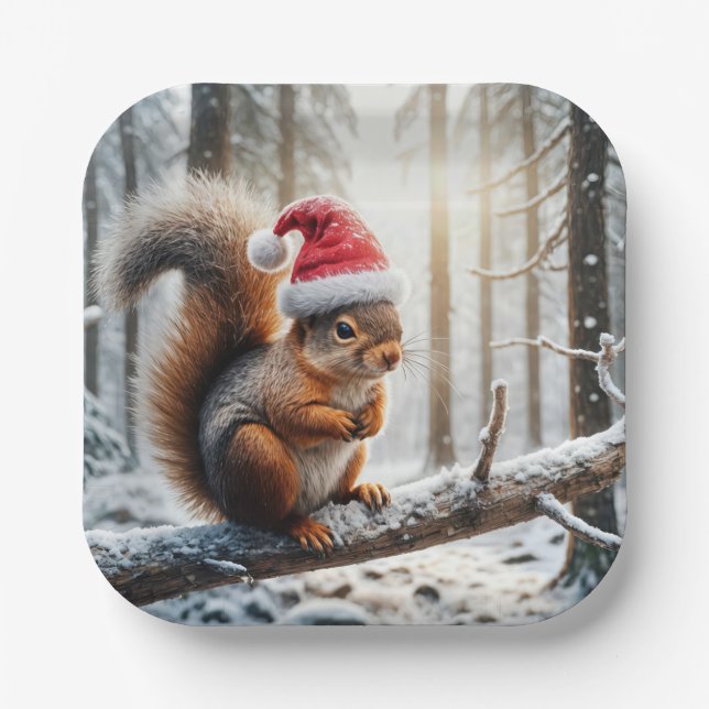 Christmas Squirrel On Snowy Tree Branch Paper Plate (Front)