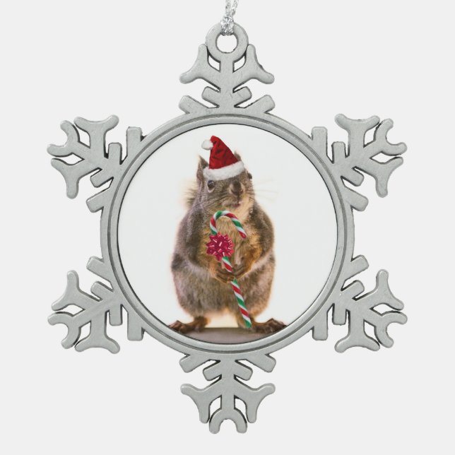 Christmas Squirrel Pewter Snowflake Ornament (Front)
