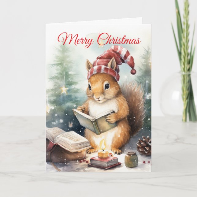 Christmas Squirrel reading Holiday Card (Front)