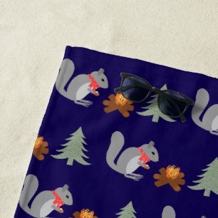 Christmas Squirrel Roasting Hazelnuts on Log Fire Beach Towel