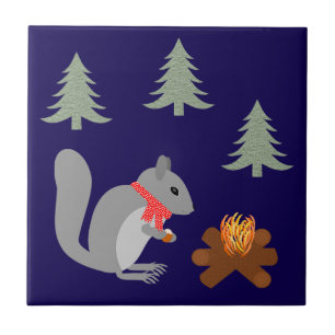 Christmas Squirrel Roasting Hazelnuts on Log Fire Ceramic Tile
