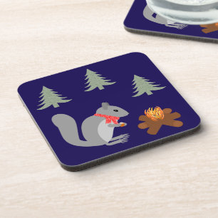 Christmas Squirrel Roasting Hazelnuts on Log Fire Coaster