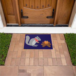 Christmas Squirrel Roasting Hazelnuts on Log Fire Doormat