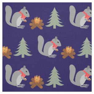 Christmas Squirrel Roasting Hazelnuts on Log Fire Fabric