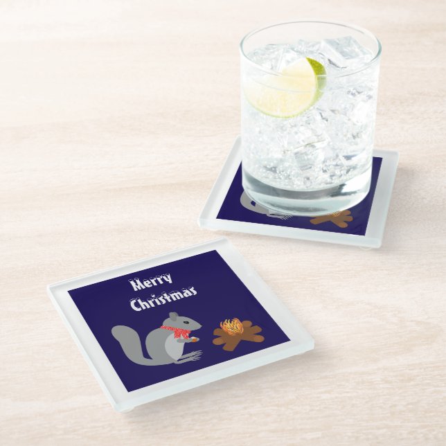 Christmas Squirrel Roasting Hazelnuts on Log Fire Glass Coaster (Angled)