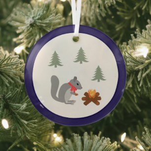 Christmas Squirrel Roasting Hazelnuts on Log Fire Glass Tree Decoration