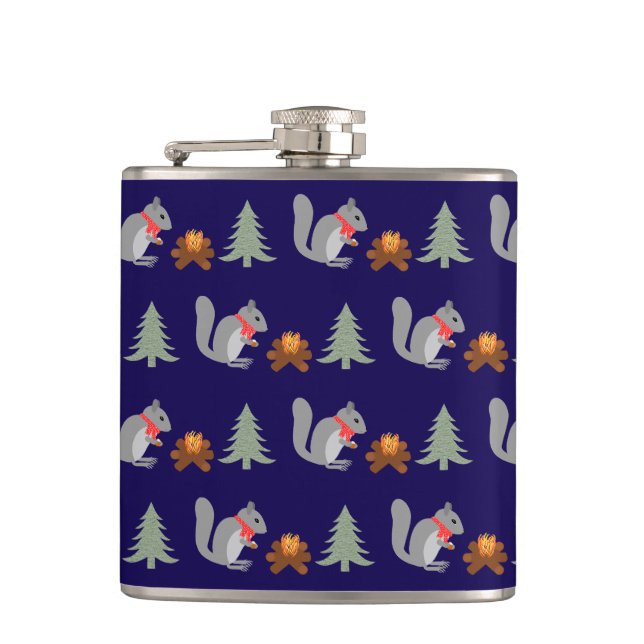 Christmas Squirrel Roasting Hazelnuts on Log Fire Hip Flask (Front)